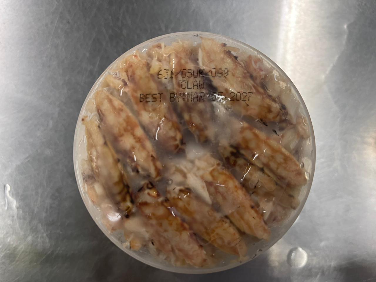 A 2025 shipment of packaged crab claw meat from the Philippines, bound for China for further processing into a ready-to-consume crab cake program